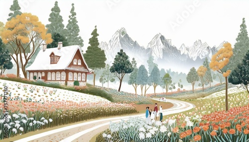 vintage European scene is small cottage postcard illustration