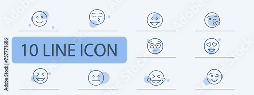 Emoji icon set. Wink, surprise, opening eyes, blowing a kiss, smiling, happiness. 10 line icon style. Vector line icon for business and advertising