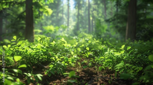 Young saplings in sunbeam-filled forest  concept of new beginnings and ecosystem restoration