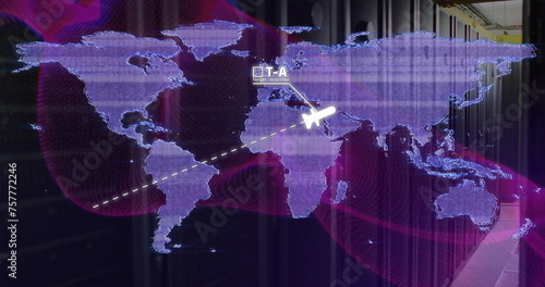 Image of world map over server room