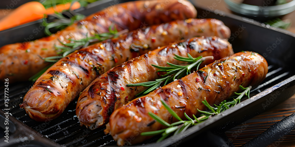 grilled sausages on the grill, A group of sausages on a wooden board.