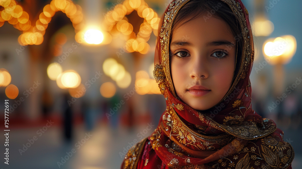 Standing before a gorgeously illuminated mosque, a Muslim girl dressed for Ramadan has a calm demeanor as she faces the camera