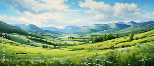 Oil painting landscape art. Rural mountain region. color