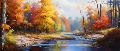 Oil painting landscape autumn forest near the river co