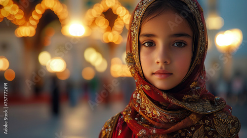 Standing before a gorgeously illuminated mosque, a Muslim girl dressed for Ramadan has a calm demeanor as she faces the camera