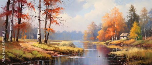 Oil painting landscape autumn forest near the river co