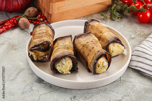 Baked eggplant roll with cheese