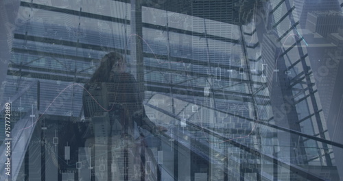 Image of data processing over caucasian businesswoman on stairs