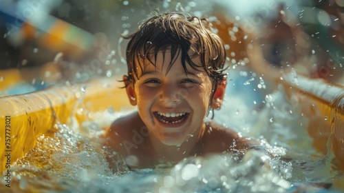 Funny little boy rides off an orange slide in water park. Child ride from yellow waterslide. Laughing kid have fun in aquapark. Summer vacation. Happy childhood. Joyful waterpark leisure. Active rest photo