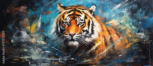 Oil painting of a tiger done with a palette knife 