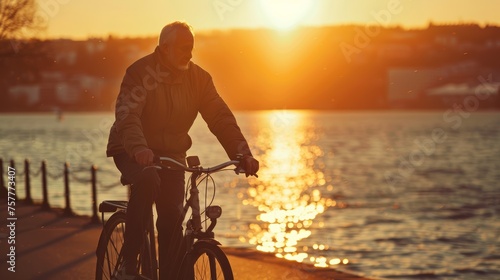 Man riding bicycle along the seaside at sunset. Healthy lifestyle and leisure activity concept with copy space for design and banner