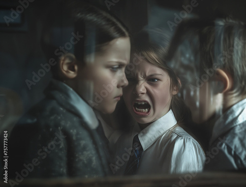 Bullying at school. Nervous kids and teenagers, violence and cyberbullying. Derision, denigration, feeling alone. Feelings of sadness and psychological violence. Portrait of young desperate students.  photo