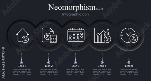 Banking icon set. House invoice interest, income legalization, calendar, clock, file. Neomorphism style. Vector line icon for business and advertising