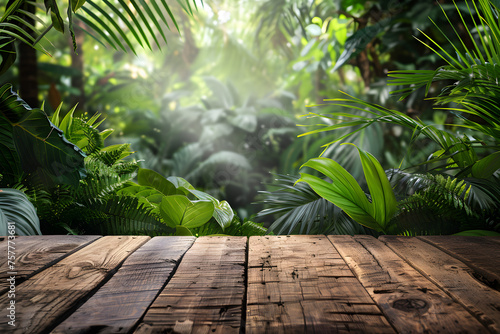 A jungle-themed wooden table background with modern technology devices  suitable for office or home workspace