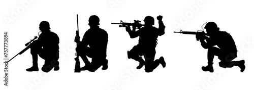 Silhouette collection of male soldier carrying machine gun weapon.