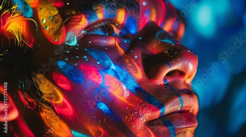 Close-up of a person s face covered in colorful fluorescent paint under black light.