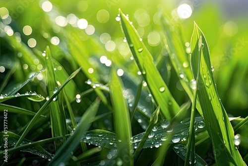 Close-up view of dew drops on grass and leaves bathed in soft sunlight and shades of green