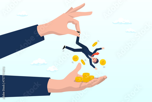 Greed businessman hold small people shaking to get all their money, tax hike, government increase tax, steal money from people, loan interest to pay off, unethical people overcharge bills (Vector)