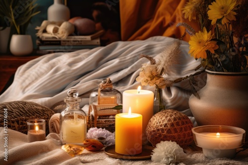Tranquil self-care still life with candles, oils, towels, and swimwear