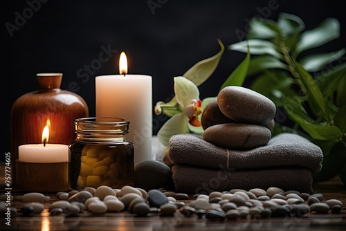 Professional spa treatments with aromatherapy oils  candles  and relaxing accessories