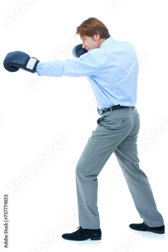 Businessman, punch and boxing gloves in studio for competition, corporate opportunity and victory at work. Male person, pride and confidence to fight for promotion on white background with smile