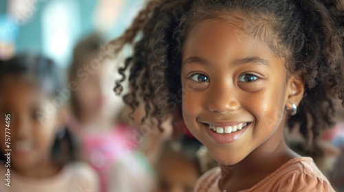Smiling young girl with curly hair in a colorful classroom setting. Portrait photography with blurred background highlighting joy in early childhood education.