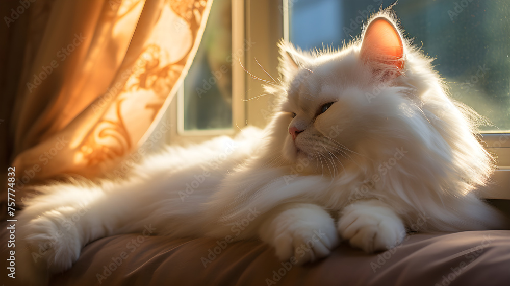 Domestic Tranquility: A White Persian Cat Enjoying a Sunny Afternoon on a Windowsill