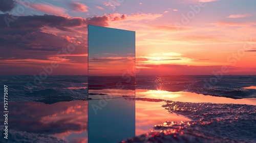 Sunset reflected on water with a geometric abstract mirror element. Tranquility and nature concept. Design for wallpaper, background, poster