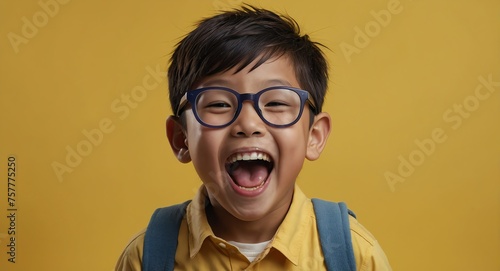 Portrait of cute kid asian boy with glasses happy laughing hysterically on plain bright yellow background looking at camera from Generative AI