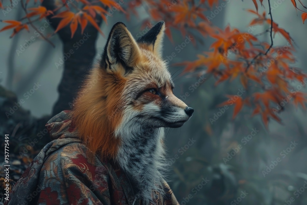 Obraz premium Surreal portrait of a fox in human clothing amidst autumn foliage