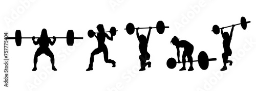 Silhouette collection of female athlete doing weight lifting sport. 