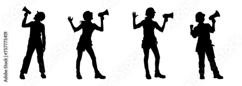 Silhouette collection of  female in worker costume shouting on megaphone tool. Silhouette collection of  woman wearing worker helmet carrying megaphone loudspeaker.