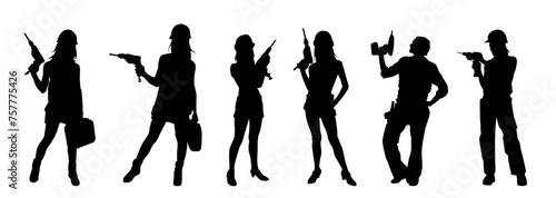 Silhouette collection of woman in construction worker costume carrying drill power tool. Silhouette collection of construction worker female in action pose with power tool driller. 