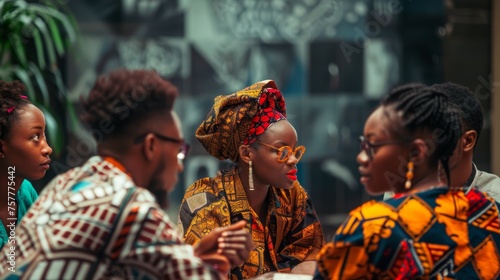 African woman in traditional dress leading a focused group discussion. Cultural exchange and leadership concept for community and educational content