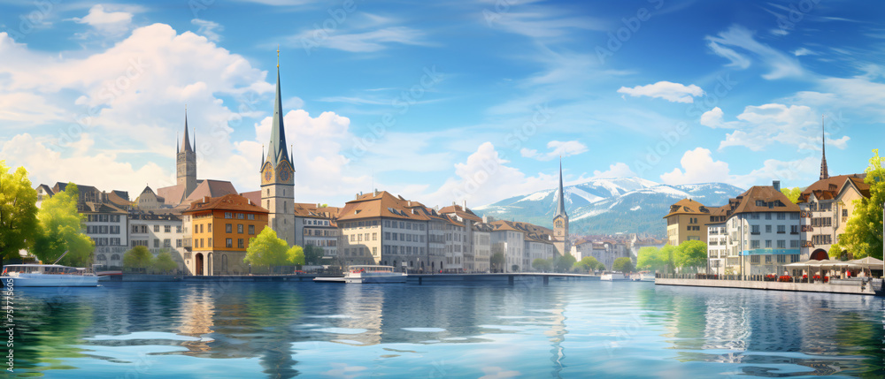 Old town of Zurich with Limmat river in Switzerland di - obrazy, fototapety, plakaty 