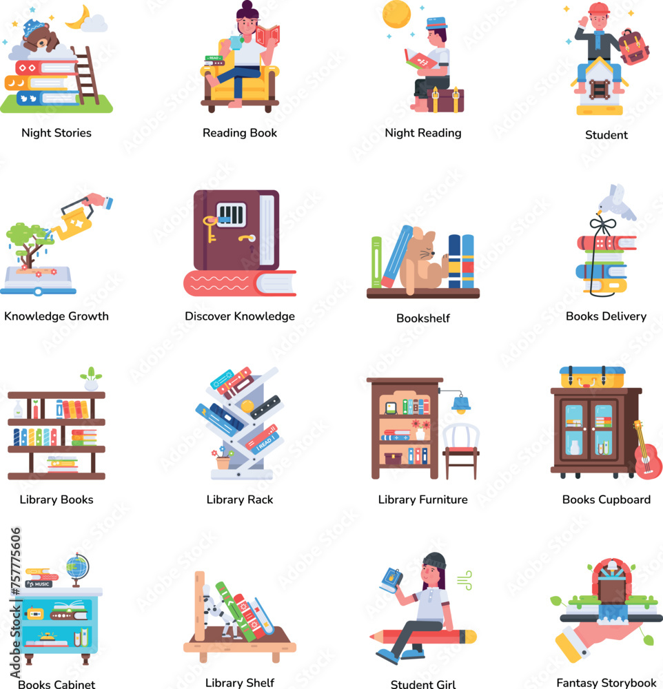 Trendy Flat Icons Depicting Book Library 

