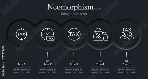 Tax icon set. Sight, timer, term, creditors, online purchase, inspection, interest. Neomorphism style. Vector line icon for business and advertising