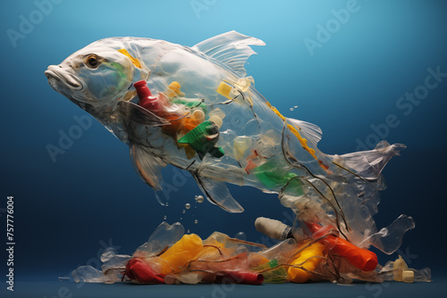 transparent fish with plastic waste inside body and on ground in blue water, pollution of the seas