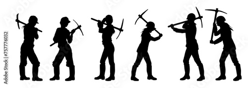 Silhouette collection of workers in action pose carrying pick axe tool