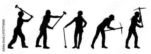 Silhouette collection of female workers carrying sledge hammer and pick axe tool