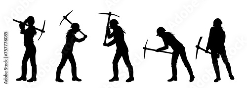 Silhouette collection of workers in action pose carrying pick axe tool
