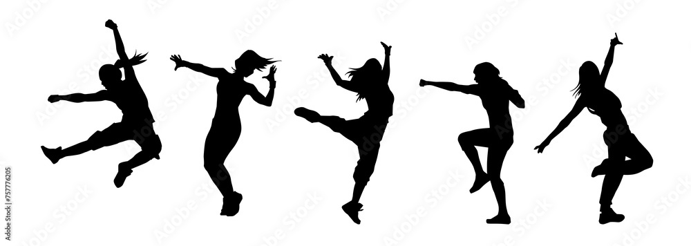 Collection silhouette of female dancer in action pose. Silhouette of slim women in dancing pose.