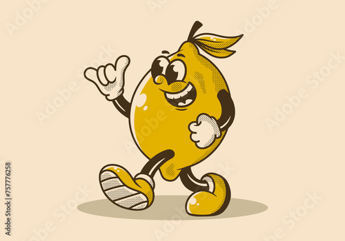 Vintage illustration of walking lemon mascot character