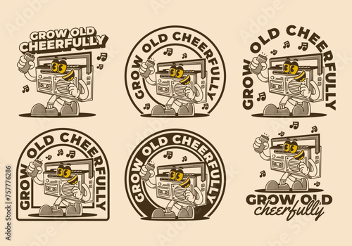 Grow old cheerfully. Walking radio mascot character holding a drink can
