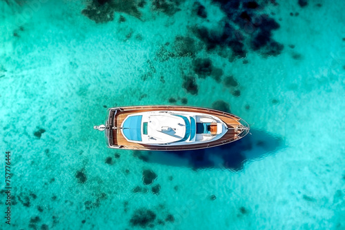 Aerial view of alone beautiful yacht on the sea bay at sunset in summer.  Top view of luxury boat, clear blue water, sand, stones and green trees. Tropical landscape. Exotic. 