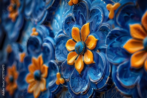 Exquisite ceramic tilework with floral motifs standing out in bold blue and golden tones