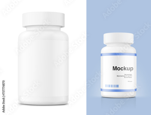 Plastic bottle mockup isolated on white and blue background. Can be used for medical, sport nutrition. Vector illustration. ready for your design. EPS10.