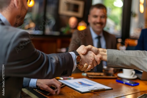 Client and a business consultant shaking hands in agreement during a meeting, showcasing successful negotiations and partnership, Generative AI