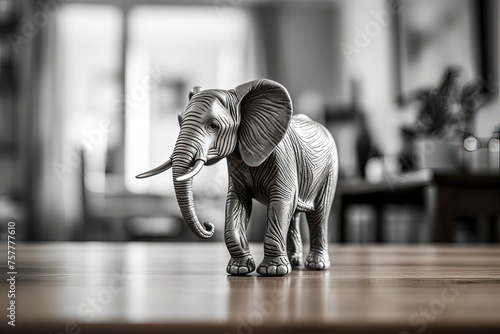 Photography of a miniature elephant figurine placed on a wooden table in the center of a well-lit room, Generative ai.