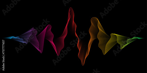 Abstract background waves dynamic rainbow light flow isolated on black background. Vector design element for technology, modern science banner. Music equalizer or or soundwave concept.